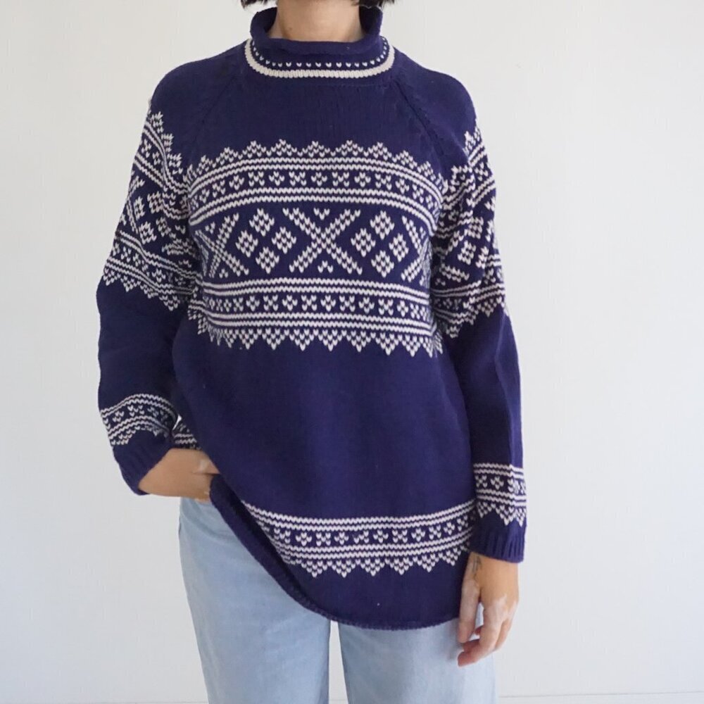 Vintage Eddie Bauer Navy Fair Isle Snowflake Geometric Knit Cotton Sweater XS